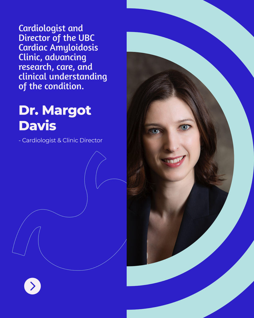 Blue left panel with white text introducing Dr. Margot Davis, Cardiologist and Clinic Director; portrait of a smiling woman on the right surrounded by teal circular arcs.