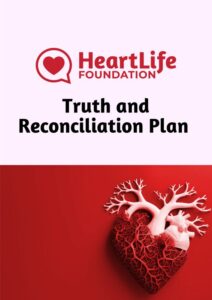 HeartLife Foundation logo with a heart-in-speech-bubble, the title 'Truth and Reconciliation Plan', and a red anatomical heart on a red background.